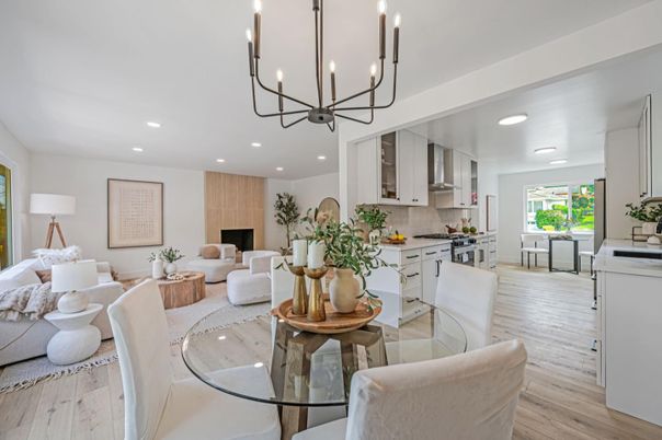 Chandelier, Dining room, Interior, Kitchen, Living room, Recessed Lighting, Stainless Steel Appliances, Wood Texture Flooring