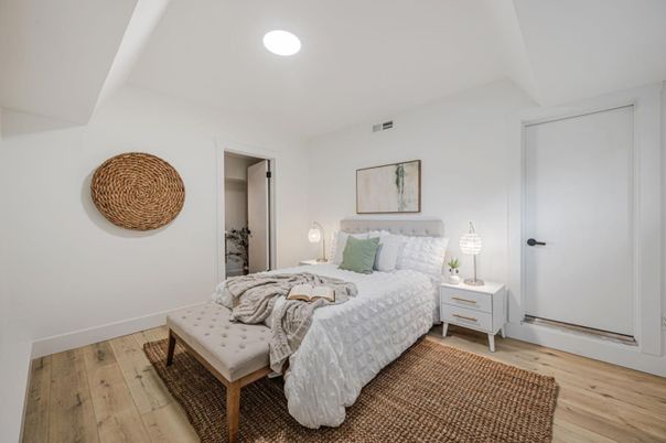 Bedroom, Interior, Recessed Lighting, Wood Texture Flooring