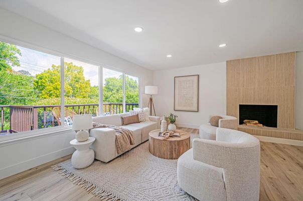 Fireplace, Interior, Living room, Recessed Lighting, Wood Texture Flooring