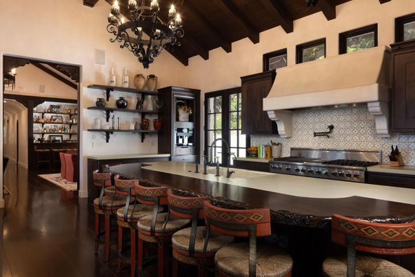 Chandelier, Interior, Kitchen, Stainless Steel Appliances, Wooden Beams, Wooden Ceilings, Wood Texture Flooring