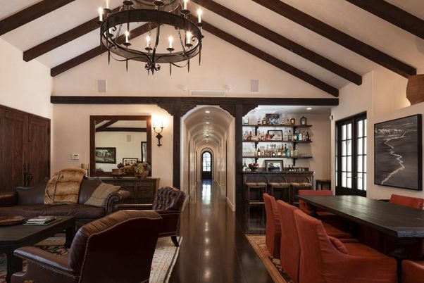 Chandelier, Dining room, Interior, Living room, Wooden Beams, Wood Texture Flooring