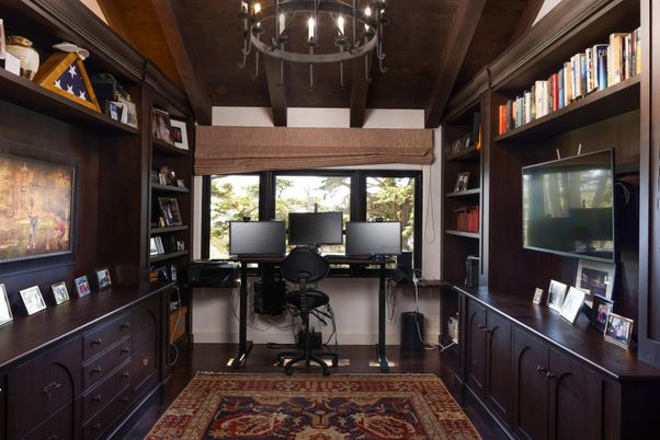 Chandelier, Home Office, Interior, Wooden Beams, Wooden Ceilings, Wood Texture Flooring