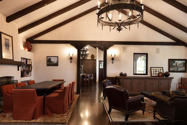 Chandelier, Dining room, Interior, Living room, Wooden Beams, Wood Texture Flooring