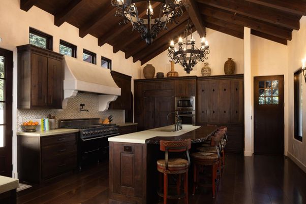 Chandelier, Interior, Kitchen, Stainless Steel Appliances, Wooden Beams, Wooden Ceilings, Wood Texture Flooring