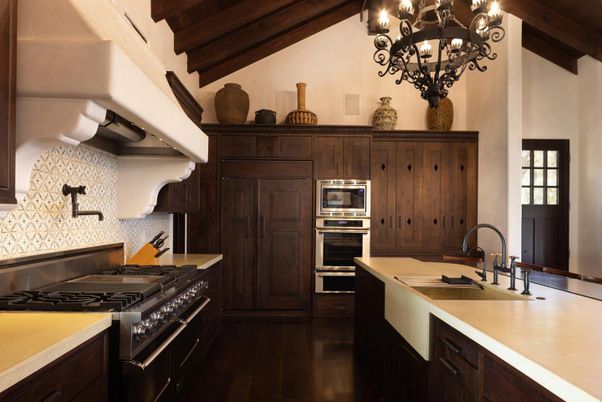 Chandelier, Interior, Kitchen, Stainless Steel Appliances, Wooden Beams, Wood Texture Flooring