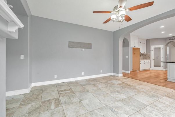 Empty room, Interior, Kitchen, Recessed Lighting, Wood Texture Flooring