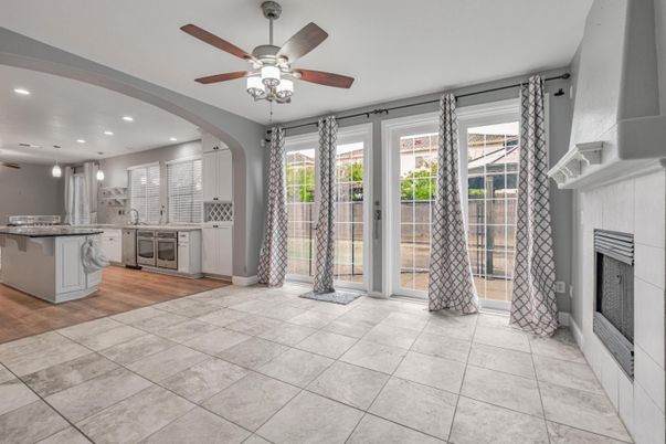 Fireplace, Interior, Kitchen, Recessed Lighting, Wood Texture Flooring