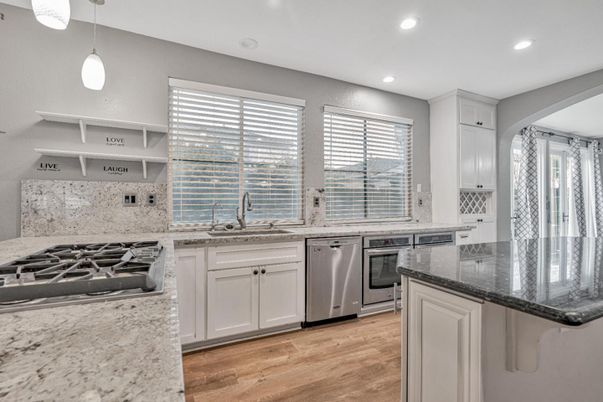 Interior, Kitchen, Pendant Lights, Recessed Lighting, Stainless Steel Appliances, Wood Texture Flooring