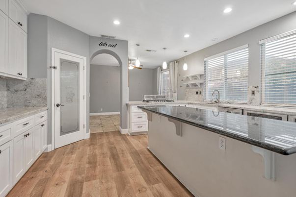 Interior, Kitchen, Recessed Lighting, Wood Texture Flooring