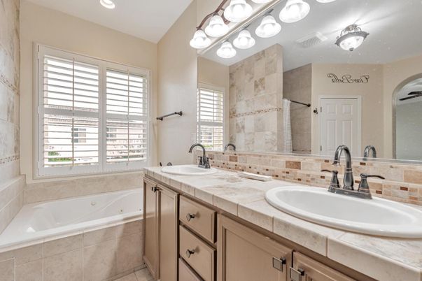 Bathroom, Dual Sink Vanities, Interior, Recessed Lighting, Tile Countertops