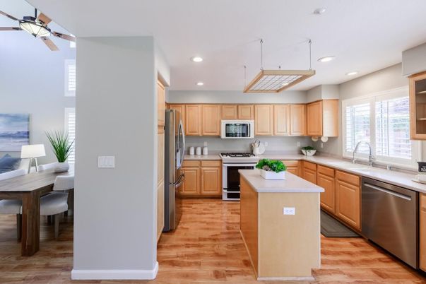 Interior, Kitchen, Recessed Lighting, Stainless Steel Appliances, Wood Texture Flooring