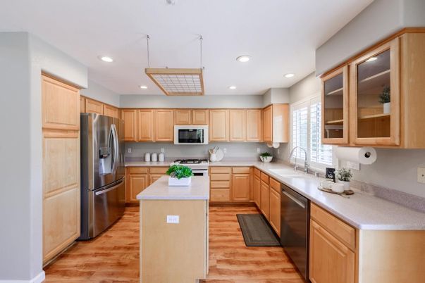 Interior, Kitchen, Recessed Lighting, Stainless Steel Appliances, Wood Texture Flooring