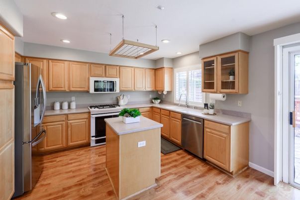 Interior, Kitchen, Recessed Lighting, Stainless Steel Appliances, Wood Texture Flooring