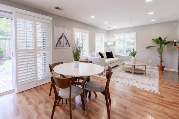 Dining room, Interior, Living room, Recessed Lighting, Wood Texture Flooring
