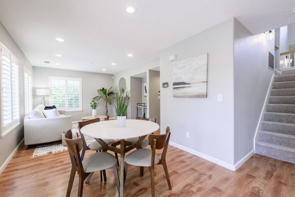 Dining room, Interior, Living room, Recessed Lighting, Wood Texture Flooring