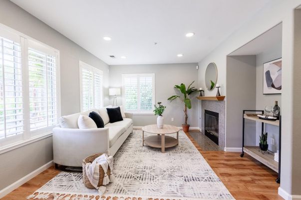 Fireplace, Interior, Living room, Recessed Lighting, Wood Texture Flooring