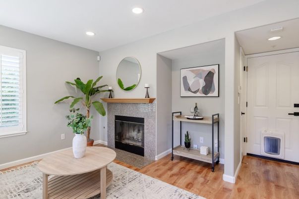 Fireplace, Interior, Recessed Lighting, Wood Texture Flooring