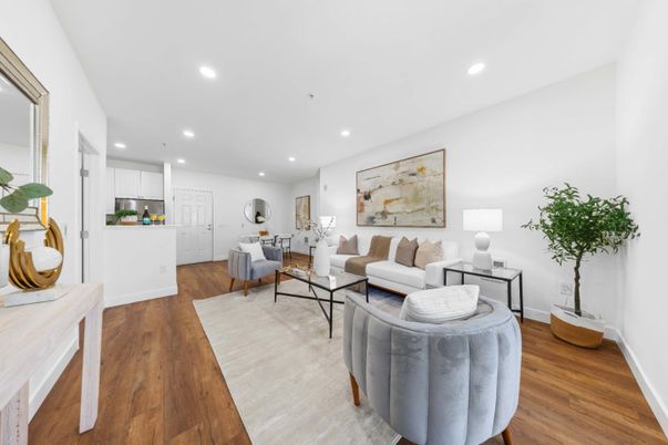 Dining room, Interior, Kitchen, Living room, Recessed Lighting, Wood Texture Flooring