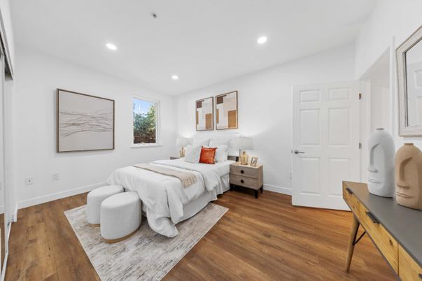 Bedroom, Interior, Recessed Lighting, Wood Texture Flooring