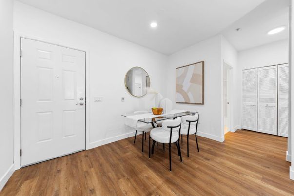 Dining room, Interior, Recessed Lighting, Wood Texture Flooring