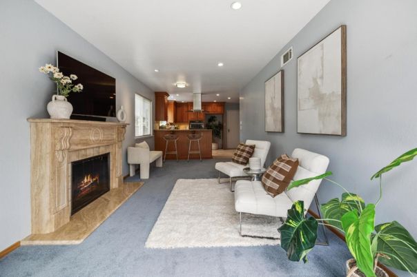 Fireplace, Interior, Kitchen, Living room, Recessed Lighting