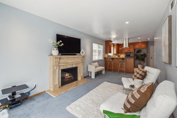 Fireplace, Interior, Kitchen, Living room, Recessed Lighting