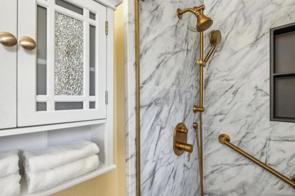 Bathroom, Glass Shower, Interior, Marble Walls