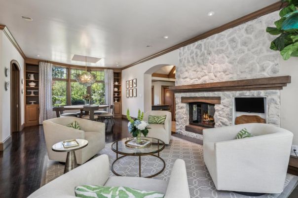 Dining room, Fireplace, Interior, Living room, Pendant Lights, Recessed Lighting, Stone Walls, Wood Texture Flooring