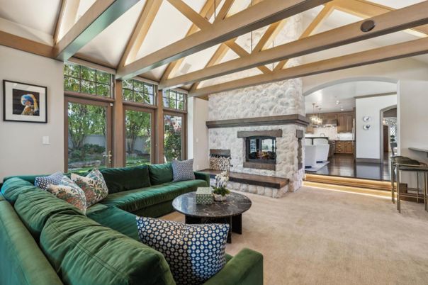 Chandelier, Fireplace, Interior, Living room, Pendant Lights, Stone Walls