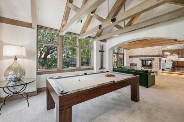 Billiard Table, Fireplace, Game Room, Interior, Pendant Lights, Stone Walls, Wooden Beams