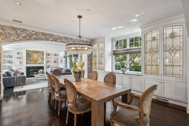 Chandelier, Dining room, Fireplace, Interior, Living room, Recessed Lighting, Wood Texture Flooring