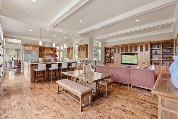 Dining room, Interior, Kitchen, Living room, Pendant Lights, Recessed Lighting, Stainless Steel Appliances, Wood Texture Flooring