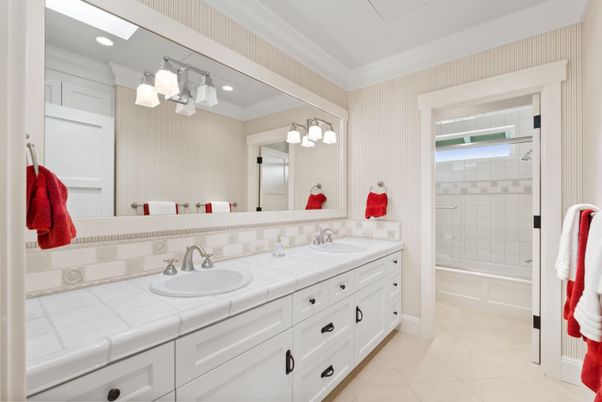 Bathroom, Dual Sink Vanities, Glass Shower, Interior, Recessed Lighting, Tile Countertops