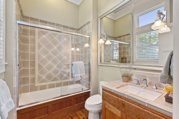 Bathroom, Glass Shower, Interior, Tile Countertops, Wood Texture Flooring
