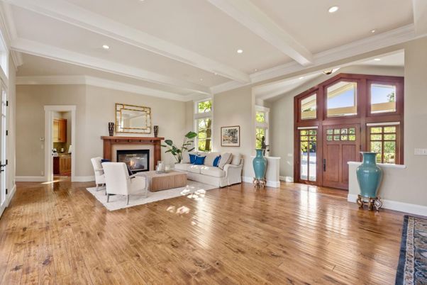 Fireplace, Interior, Living room, Recessed Lighting, Wood Texture Flooring