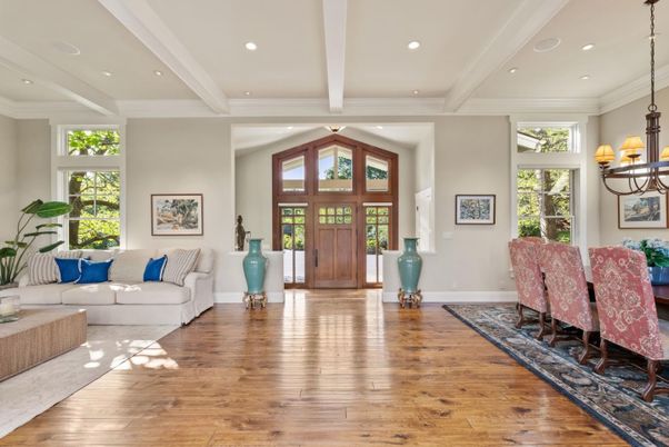 Dining room, Interior, Living room, Recessed Lighting, Wood Texture Flooring