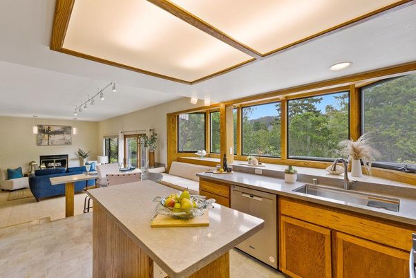 Fireplace, Interior, Kitchen, Living room, Recessed Lighting