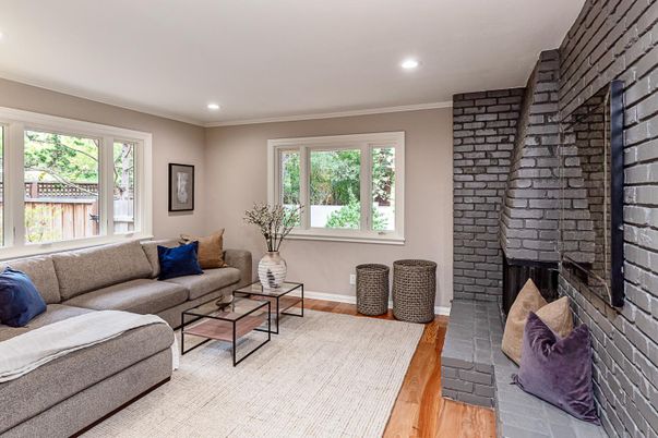 Fireplace, Interior, Living room, Recessed Lighting, Stone Walls, Wood Texture Flooring