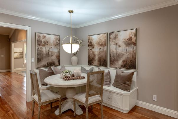 Dining room, Interior, Pendant Lights, Wood Texture Flooring