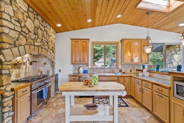 Interior, Kitchen, Pendant Lights, Recessed Lighting, Stainless Steel Appliances, Stone Walls, Wooden Ceilings