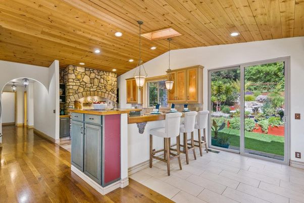 Interior, Kitchen, Pendant Lights, Recessed Lighting, Stone Walls, Wooden Ceilings, Wood Texture Flooring