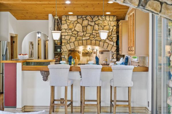 Interior, Kitchen, Pendant Lights, Recessed Lighting, Stone Walls, Wooden Ceilings