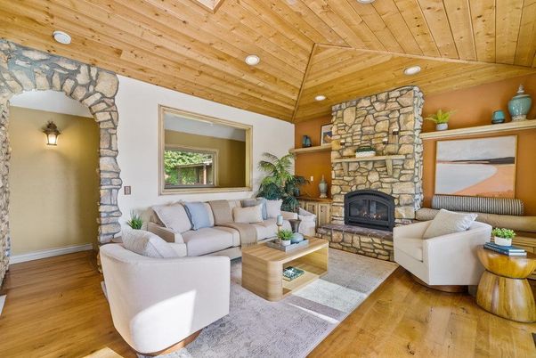 Fireplace, Interior, Living room, Recessed Lighting, Stone Walls, Wooden Ceilings, Wood Texture Flooring