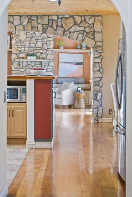 Interior, Living room, Stone Walls, Wood Texture Flooring