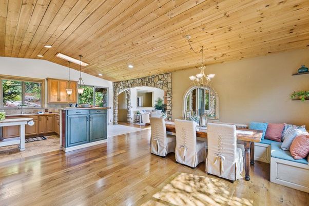 Chandelier, Dining room, Interior, Kitchen, Pendant Lights, Recessed Lighting, Wooden Ceilings, Wood Texture Flooring