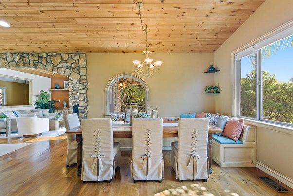 Chandelier, Dining room, Interior, Living room, Recessed Lighting, Stone Walls, Wooden Ceilings, Wood Texture Flooring