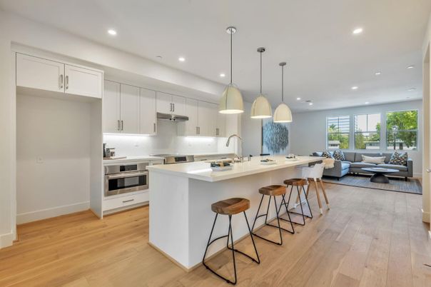 Interior, Kitchen, Living room, Pendant Lights, Recessed Lighting, Stainless Steel Appliances, Wood Texture Flooring