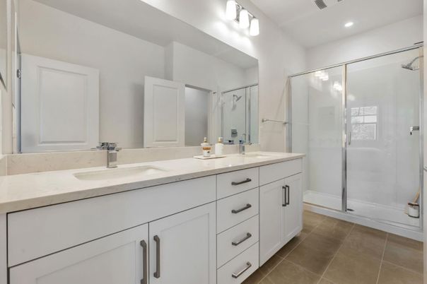 Bathroom, Dual Sink Vanities, Glass Shower, Interior, Recessed Lighting