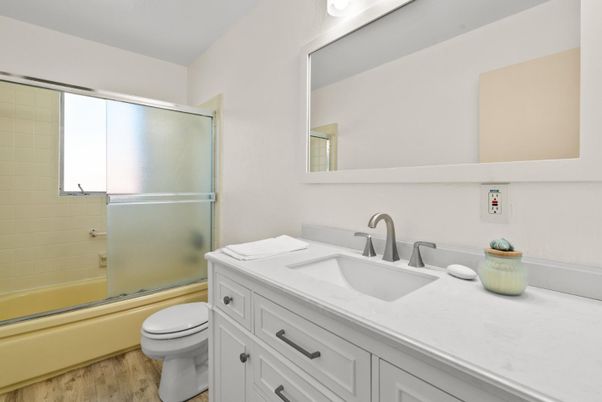 Bathroom, Glass Shower, Interior, Wood Texture Flooring