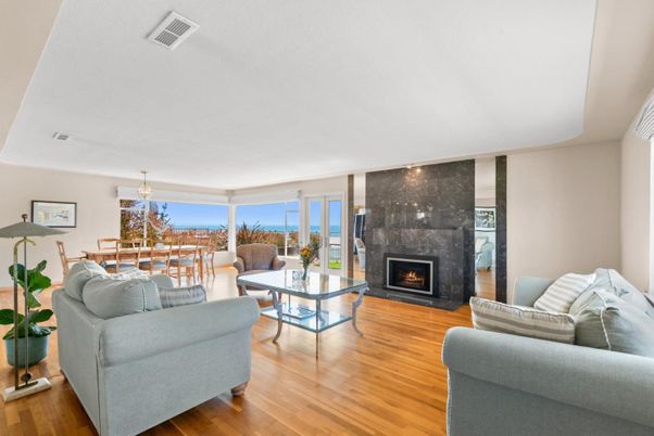 Chandelier, Dining room, Fireplace, Interior, Living room, Pendant Lights, Water, Wood Texture Flooring